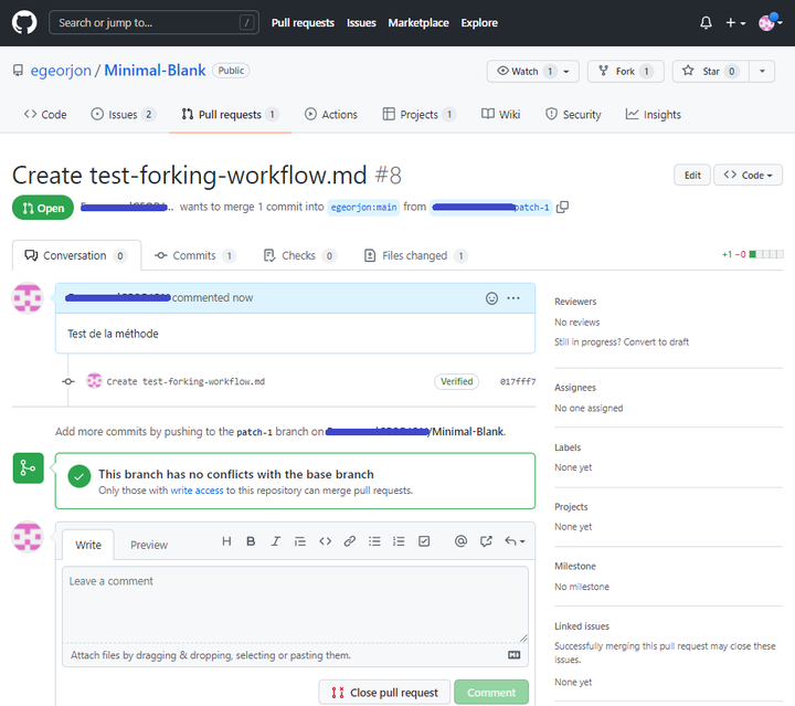 Figure 28: Pull request ouvert, depuis le dépôt de fork