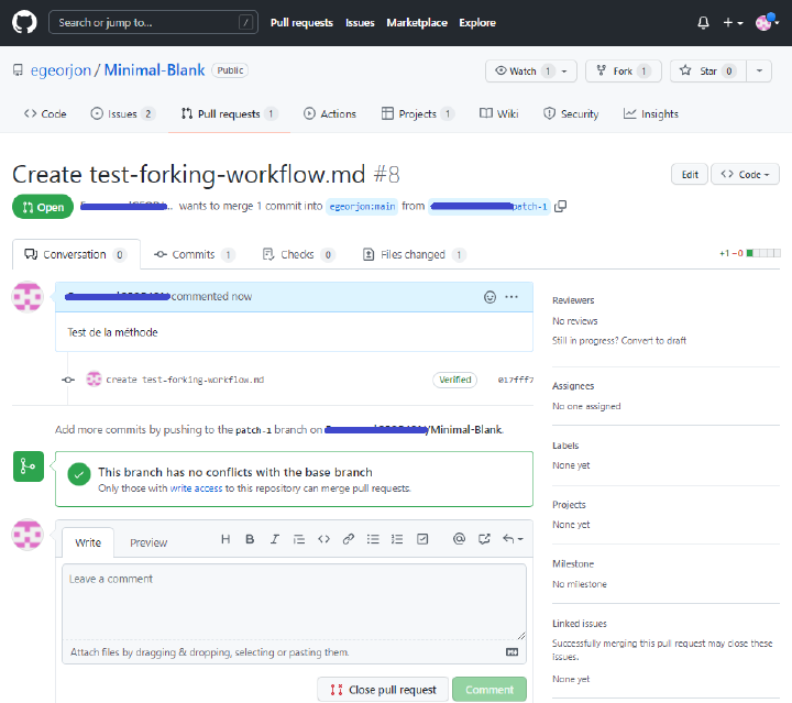 Figure 28: Pull request ouvert, depuis le dépôt de fork