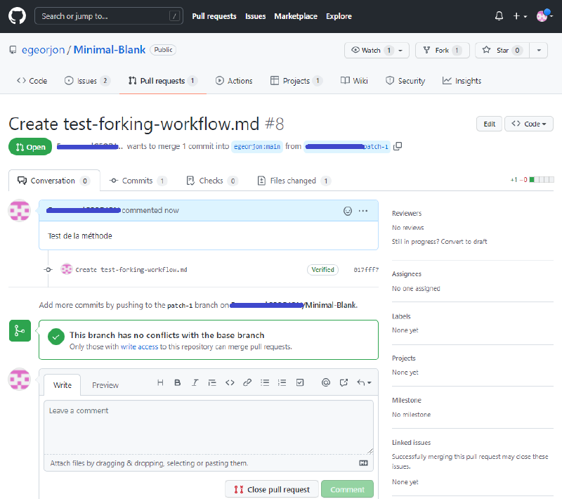Figure 28: Pull request ouvert, depuis le dépôt de fork
