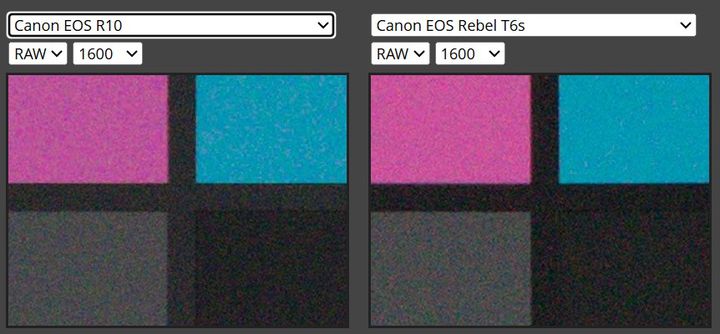 Evolution du bruit à 1600 ISO entre un reflex 760D, et un hybride R10 (Source : DPReview&nbsp;)