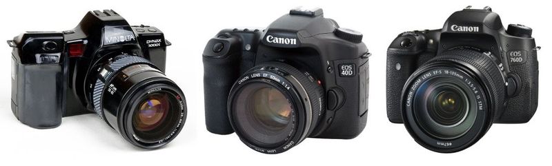 Les trois boitiers de ma vie de photographe : Minolta 7000i, Canon 40D, Canon 760D