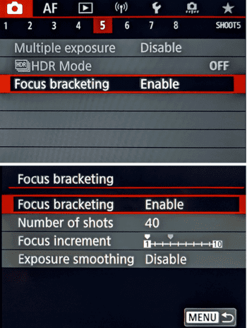 Figure 23 : Paramétrage du focus bracketing sur un boîtier Canon