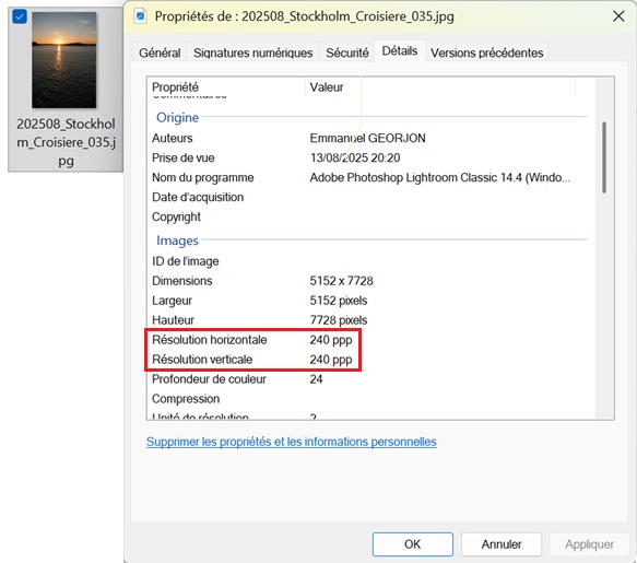 Figure 7 : Résolution stockée dans les méta-données EXIF de l’image